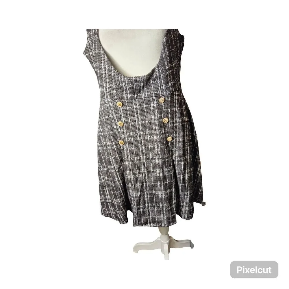 Size Medium Allegra K Women's U Neck Plaid Tweed Mini length Pinafore Dress - Picture 3 of 12